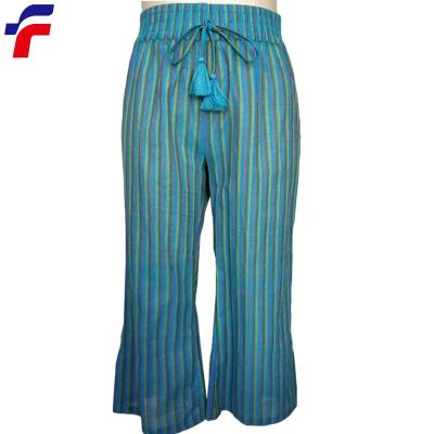 China Viable Fabric Ladies Aqua Yarn Dye Stripe Cotton Woven Pants With String Tassels Decoration for sale