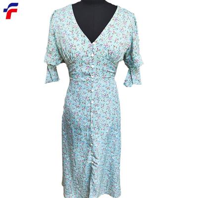 China Delicate Button Front V-Neck Cuff Bow Tie Short Sleeve Chiffon Long Dry Cleaning Polyester Dress for sale