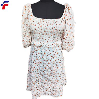 China New Developed Tiny Dry Cleaning Flower Print Bubble Stretched Polyester Fabric Smocked Bodice Half Square Neck Sheath Mini Dress for sale