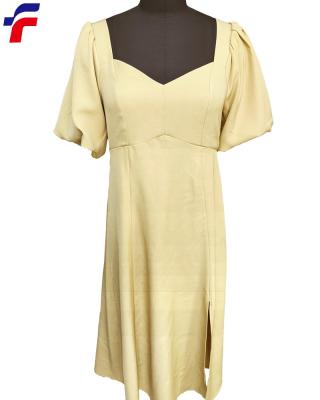 China New Spring Spring Dry Cleaning Bangkok Poly Rayon Quality Shoulder Puff Sleeves Mustard Color Summer Dress for sale