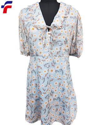 China New Bangkok Dry Cleaning Women Style Light Chiffon Dress With Stripe Sunflower Printing 1/2 Sleeve Length Decoration Collar With Tie Strings for sale