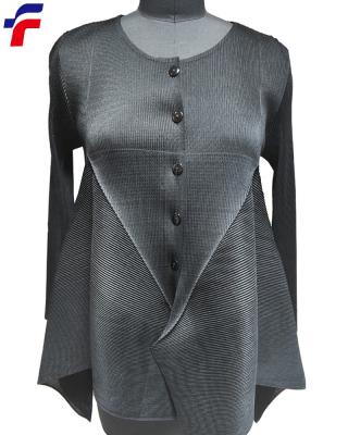 China Slim Fit Anti-pilling Woven Polyester Pleated Ladies' Blouses With Long Sleeve Button Angle Front Waist for sale