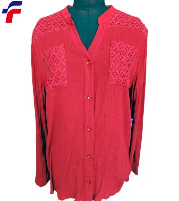 China Hot Selling Anti-pilling Barrel Biscuit Rayon Pleat Gauze Ladies' Red Color Crochet Lace Patched Yoke and Pocket Blouse for sale