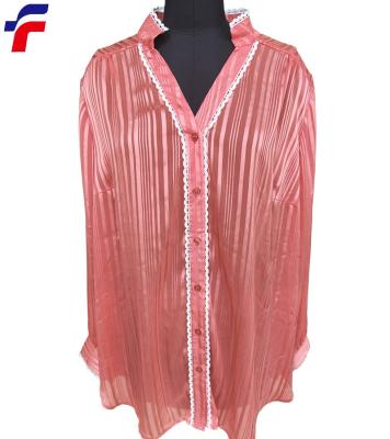 China Anti-pilling 22' SS 100%Polyester Dobby Chiffon Women's Pink Color Plus Size Blouse With Lace Decoration At Neck And Placket Edges for sale