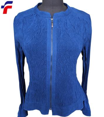 China Anti-pilling 2021 fall blue faux suede ladies woven zipper jacket with pleat body and pleated sleeves for sale