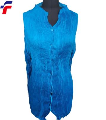 China Hot Sale Aqua Print 30D Chiffon Anti-pilling Pleated Pleat Woven High Neck Ladies Blouses for sale