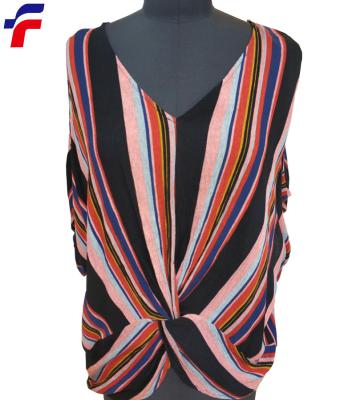 China Customeried Breathable Multi Stripe Printed Knotted Woven Ply Rayon Gauze Ladies Top for sale