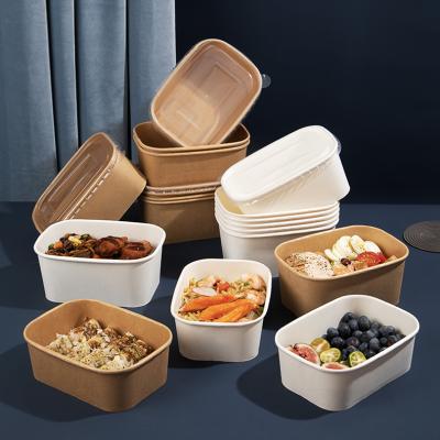 China Rectangle Paper Bowl Disposable White Paper Cup Container For Food Take Out Lunch Box Disposable Paper Salad Bowl With Lid for sale