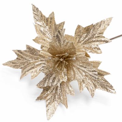 China Rose Gold Sequin Fabric Artificial Flower Sequin Poinsettia Christmas Home Decor Xmas Tree Wholesale Decoration for sale