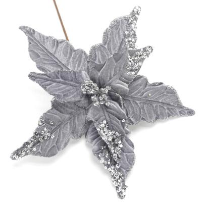 China Handcrafted Winter Flower Christmas Decorative Door Ornaments Widely Used Artificial Floral Glitter Sequin Fabric Silver Poinsettia for sale