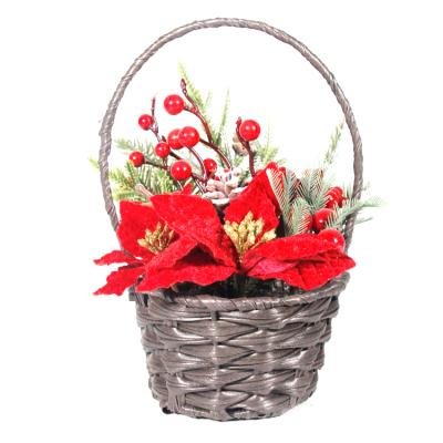 China Handwork Artificial Christmas Basket Hanging Poinsettia Ornaments Holly Berries House Warming Gift Mall Decoration with Cedar Branches for sale