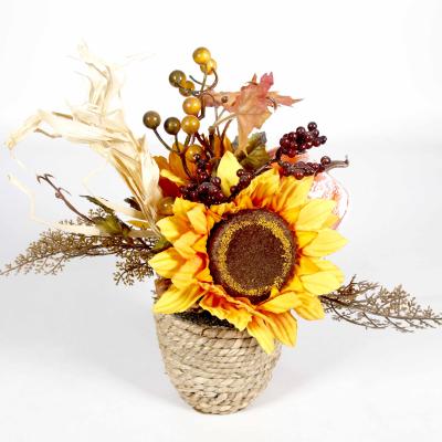 China Factory Wholesale Artificial Real Touch Nature Sunflower Floral Pot Autumn Leaves and Flowers Pumpkin Picks Harvest Decor Thanksgiving Decorations for sale