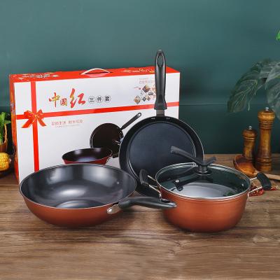 China Large Red Cheap Nonstick Cookware Wholesale High Quality Viable Kichen Pots & Pans Kitchenware 3pcs Non Stick Cookware Sets for sale