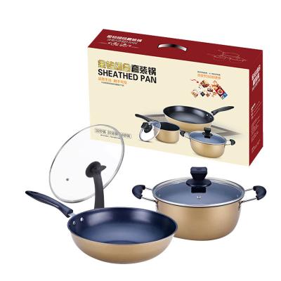 China Sustainable OEM Luxury Non-Stick 3 Pieces Colored Kitchemware Cooking No No Gold Stick Pot and Copper Pan Set Cookware Set for sale