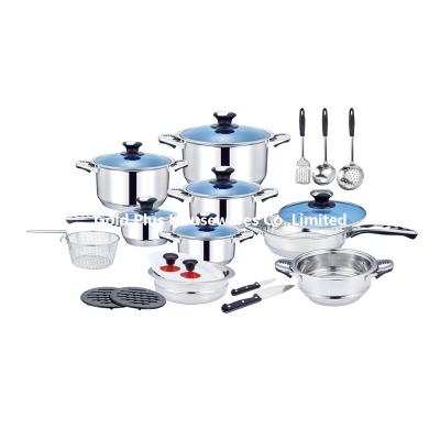 Chine Pâtes et casseroles 25pcs soupe non collant poudre d'acier inoxydable ustensiles de cuisine poche longue poudre de nouilles avec couvercle en verre bleu à vendre