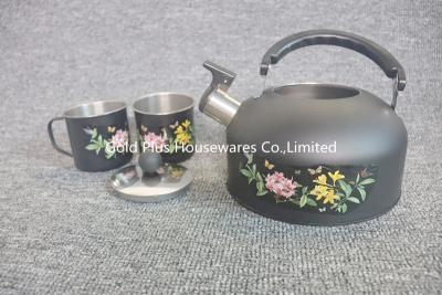 China Calderas del silbido del color del negro de la caldera del viaje con dos teteras hervidas agua de una sola capa de acero inoxidables de las pequeñas tazas en venta