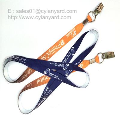 China Flat sublimation lanyard with bulldog clip, dye sub lanyard with metal sheet crimp for sale