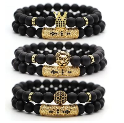 China Classic TRENDY 2pc/Set Stretch Black Natural Stone Beaded Bracelet Men Pave Skull Lion Charms Bracelets Jewelry Zircon CZ Ball Set for sale