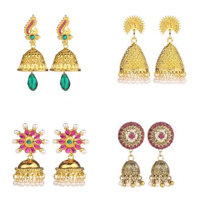 China New Design Vintage Retro Gold Plated Indian Jhumka Earring Jewelry Set For Women Luxury Kundan Bell Earring Wholesale for sale