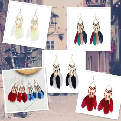 China Vintage Hot Selling Bohemian Feather Fringe Drop Earrings For Women Fashion Boho Feather Tassel Earrings Jewelry Set for sale