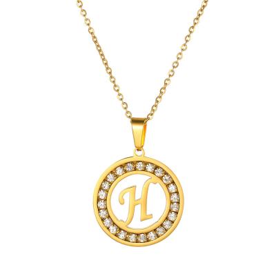 China New Trendy Style Stainless Steel Gold Plated Round Diamond Zircon A-Z Letter Pendant Titanium Steel Women Necklace Wholesale for sale