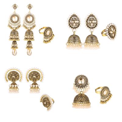 China Vintage Retro Luxury Gemstone Gold Silver Plated Bell Wedding Jewelry Set Traditional Women Indian Jhumka Earring And Ring Sets for sale