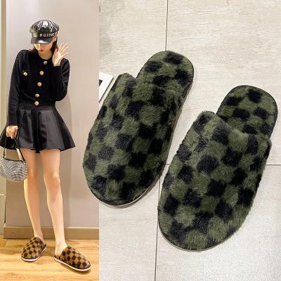 China Fashion Trend Women's Casual Slippers Flat Shoes Fluffy Slippers Autumn Winter Brand Faux Fur Strap Slippers for sale