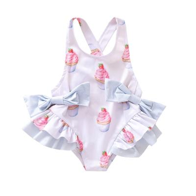 China 0-5Y Kids Baby Antibacterial Swimwear Kids Ruffle One Piece Bikini Swimwear Cake Printed Girls Backless Beachwear for sale