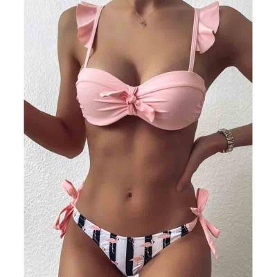 China Breathable Lace Ruffle Striped Lift Up Women Bandeau Swimsuit Swimwear Bra Cup Female Bikini Set High Cut Swimsuit for sale