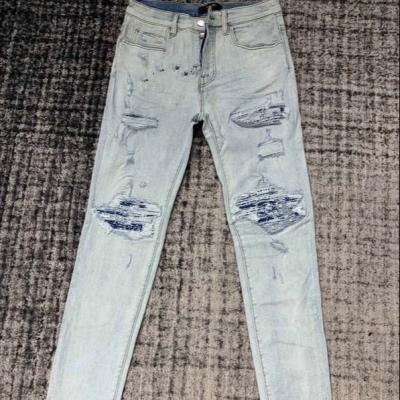 China Breathable Men Biker Embroidery Cartoon Print Stretch Ripped Skinny Jeans Destroyed Hole Fit Slim Denim High Quality Hip Hop Black Jeans for sale