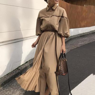 China 2022 spring round neck breathable patchwork design dress women's new back pleated loose long sleeve plus velvet dresses for sale