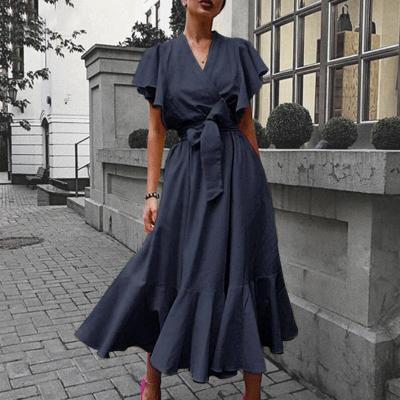 China Anti-Static Elegant Ruffles Short Sleeve Dress Women Fashion V-Neck Bow Tie Summer Solid Dress High Waist Dressy Dresses For Women 2021 for sale