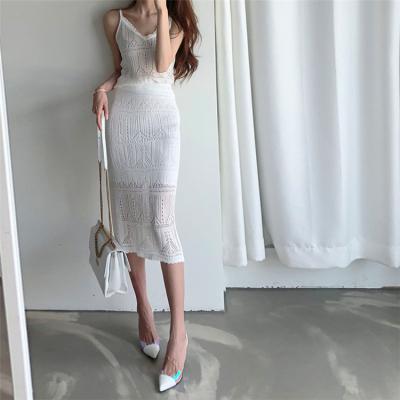 China Washable 2021 New Spring Summer Woman 2 Piece Sets Vest Matching Long Skirt High Waist Knitted Hollow Out Elegant Suits WS3102 for sale