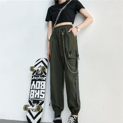 China Anti-Wrinkle Women Cargo Pants Harem Pants 2021 Fashion Punk Pockets Jogger Pants With Harajuku Chain Elastics High Waist Streetwear for sale