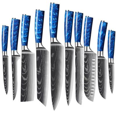 China Viable Outlined Blue Laser Damascus Blade Premium Handle Custom High Carbon Steel Stainless Steel Blade Kitchen Knife Set for sale