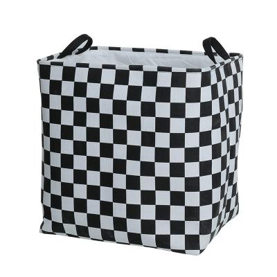 China Black And White Viable Storage Basket Plaid Cloth Quilt Cloth Foldable Clothing Classification Storage Basket With Handle for sale