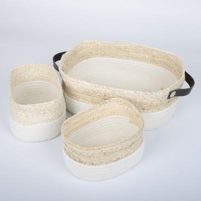 China Factory direct sale viable handwoven corn husk with cotton rope basket seaweed wheat straw storage basket for sale