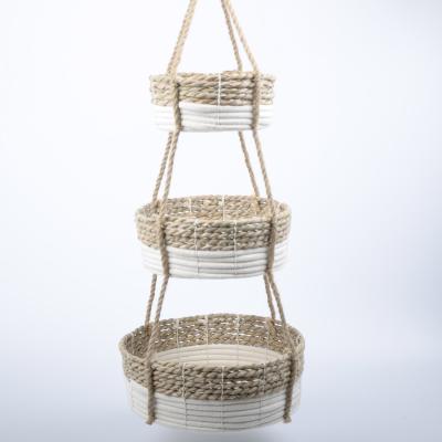 China Woven Straw 3 Tier Cotton Rope Baskets Hanging Fruit Basket For Kitchen Storage Counter Space Saver Organizer For Fruit for sale