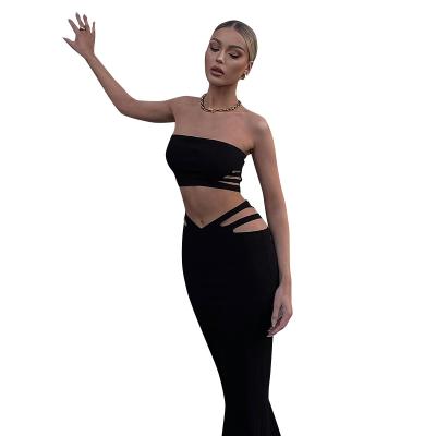 China New 2022 summer women QUICK DRY clothing solid color wrap chest hollow out navel sexy bodycon dress two piece skirt set for sale