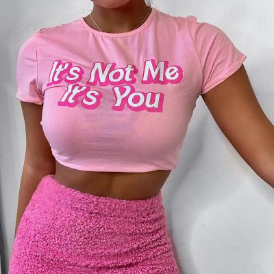 China Anti-pilling hot spot 2022 summer graphic short sleeve stitches elegant women's slim T-shirts pink letters printing casual crop top for sale