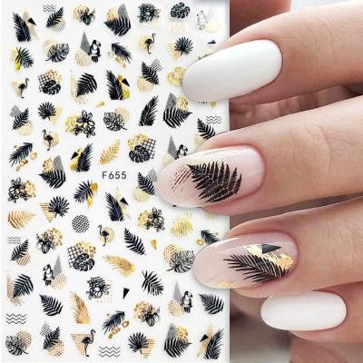 China Shiny Gold 3D Nail Art Stickers 1pcs Black Gold Laser Autumn Leaf 3D Nail Sticker Coconut Tree Leaf Pattern DIY Black Sticker adhesive transfer for sale