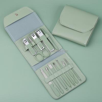 China Green Fingernail 12 Pcs Stainless Steel Nail Clipper Cutter Trimmer Ear Pick Grooming Nail Art Tools Set Kits Manicure Set Pedicure Toe for sale