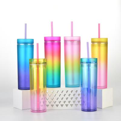 China Matte Acrylic Gradient Double Wall Cup 16oz Gradient Color Changing Plastic Insulation Vacuum Tumbler Lean Cup With Lid And Straw for sale