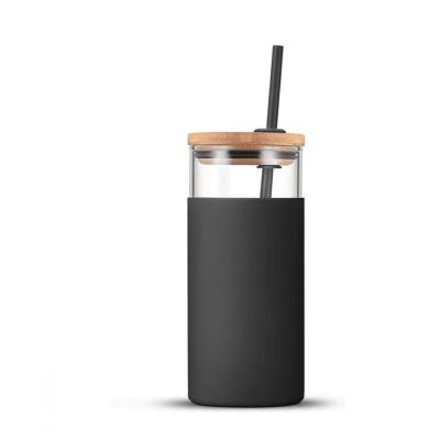 China Sustainable Glass Tumbler Straw Bottle With Silicone Protective Sleeve Bamboo Lid for sale