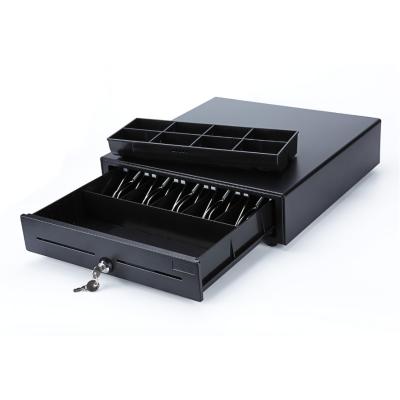 China Retail Compatible Supermarket / Retail Cashier POS System RJ12 Double 9~24V Check Slots Plastic Metal Shell Tray POS Cash Drawer for sale