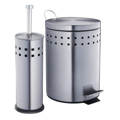 China Sustainable Bathroom Stainless Steel Pedal Trash Can With Toilet Brusher Holder Waste Bin Set for sale