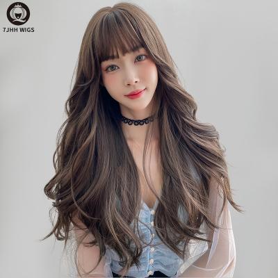 China Younger WIGS 7JHH Wholesale Heat Resistant Fiber 150% Density Black Long Curly Wig With Bangs 26 Inches Synthetic Wig for sale