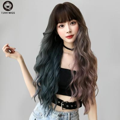 China Younger Fashion 7JHH WIGS Ombre 30 Inches Long Curl Synthetic Wigs With Bangs Mixed Pink And Blue Cosplay Hair For Women Ombre Hair Wigs for sale