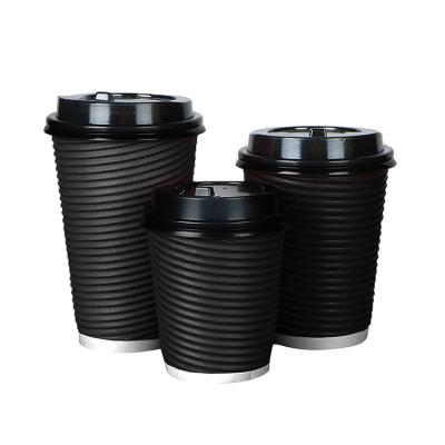 China Ripple Biodegradable Black Wall Disposable Anti-hot Coffee Coffee Logo Custom Size Paper Cup With Lid for sale