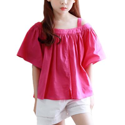 China OEM fashion summer custom children's anti-pilling clothing off the shoulder big top children blouse short sleeve T-shirt girls for sale